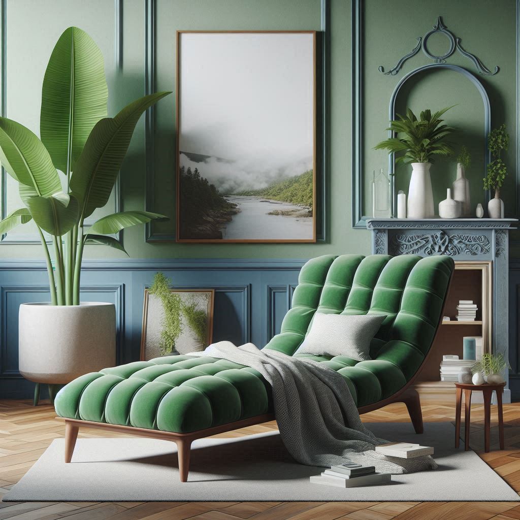 Mint green cotton and wood chaise